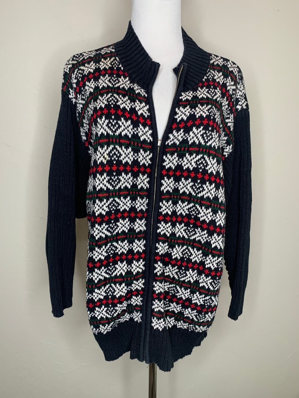 Elisabeth Liz & Co Black Red White ZIp Front Cardigan Sz 1 1X